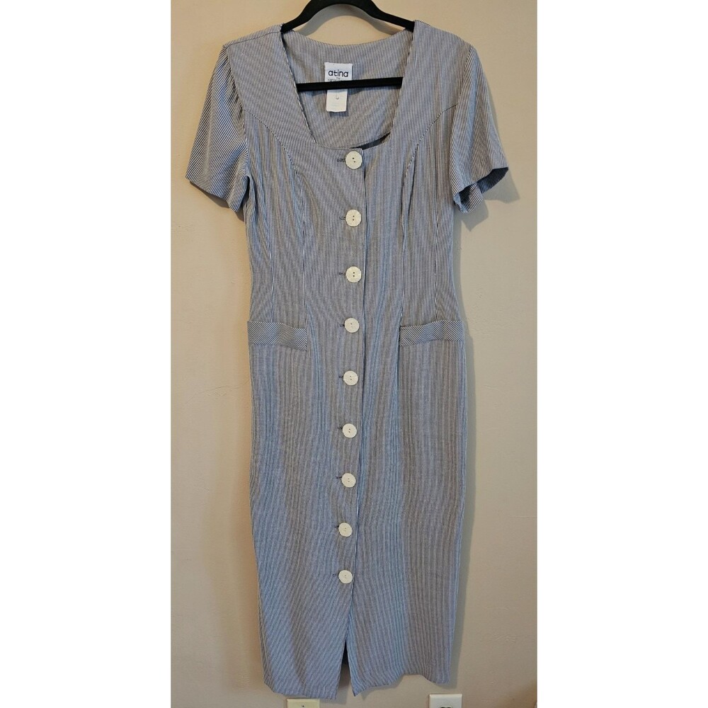 Blue pin stripe, midi/maxi length Dress-size 8, Atina by Karon Crosby Vintage